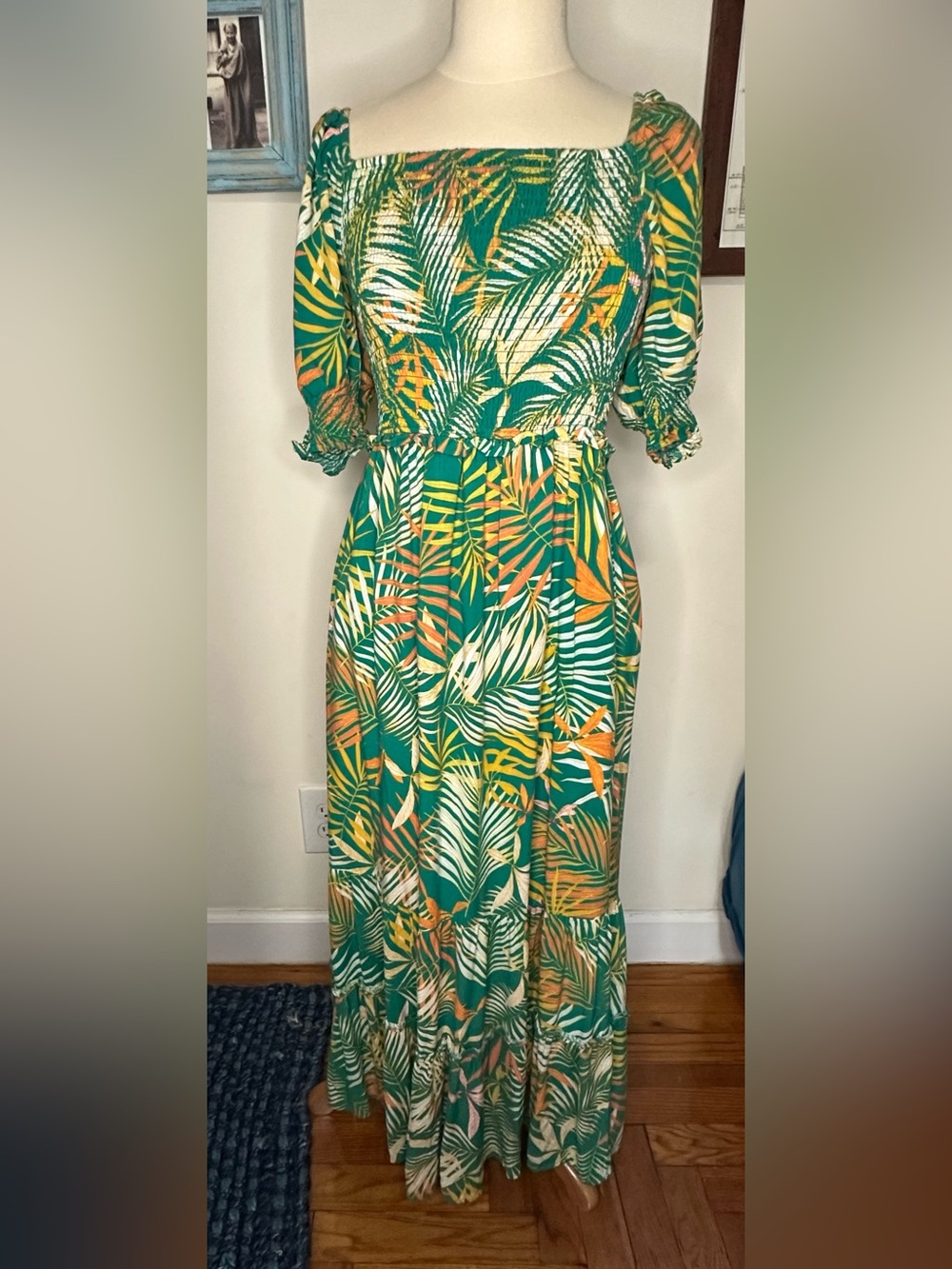 Betsey Johnson Green Tropical Leaf Maxi Dress with Orange Accents